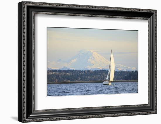 Interstate 90 Bridge with Mt. Rainier Looming Behind, Wa, USA-Stuart Westmorland-Framed Photographic Print