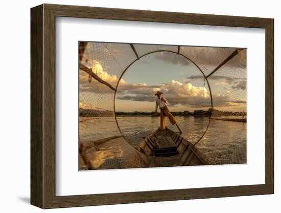 Intha Fisherman at Work. Using the Legs for Rowing. Inle Lake. Myanmar-Tom Norring-Framed Photographic Print