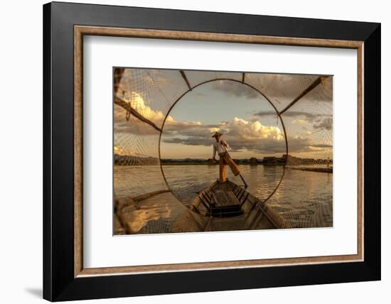 Intha Fisherman at Work. Using the Legs for Rowing. Inle Lake. Myanmar-Tom Norring-Framed Photographic Print