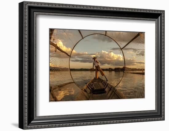 Intha Fisherman at Work. Using the Legs for Rowing. Inle Lake. Myanmar-Tom Norring-Framed Photographic Print