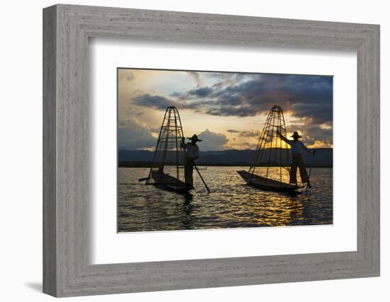 Intha Fisherman Rowing at Sunset on Inle Lake, Shan State, Myanmar-Keren Su-Framed Photographic Print