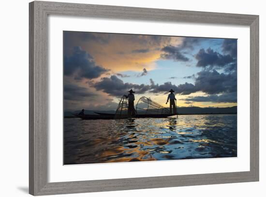 Intha Fisherman Rowing at Sunset on Inle Lake, Shan State, Myanmar-Keren Su-Framed Photographic Print