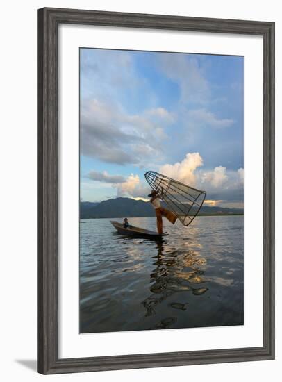 Intha Fisherman Rowing at Sunset on Inle Lake, Shan State, Myanmar-Keren Su-Framed Photographic Print