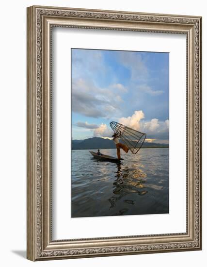 Intha Fisherman Rowing at Sunset on Inle Lake, Shan State, Myanmar-Keren Su-Framed Photographic Print