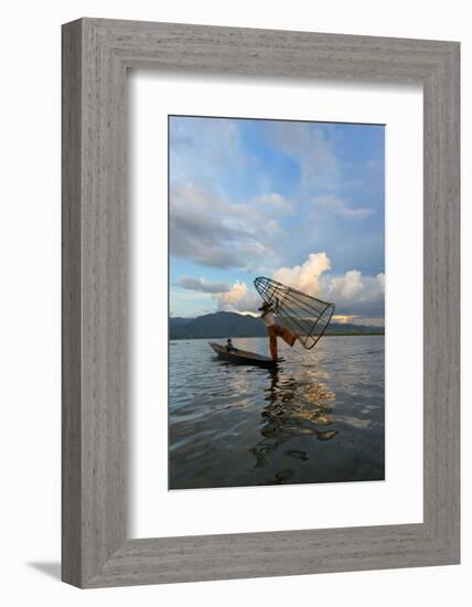 Intha Fisherman Rowing at Sunset on Inle Lake, Shan State, Myanmar-Keren Su-Framed Photographic Print