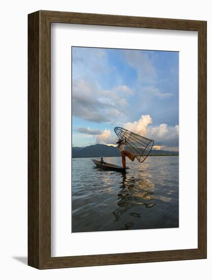 Intha Fisherman Rowing at Sunset on Inle Lake, Shan State, Myanmar-Keren Su-Framed Photographic Print