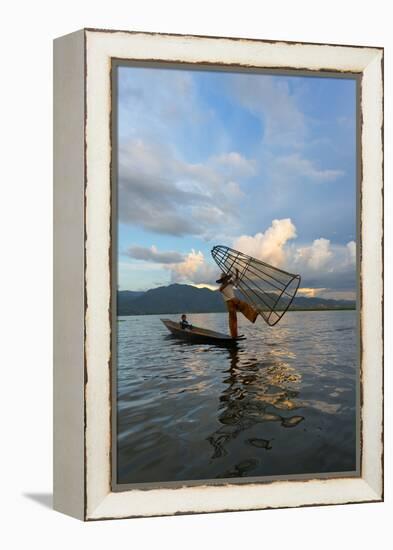 Intha Fisherman Rowing at Sunset on Inle Lake, Shan State, Myanmar-Keren Su-Framed Premier Image Canvas