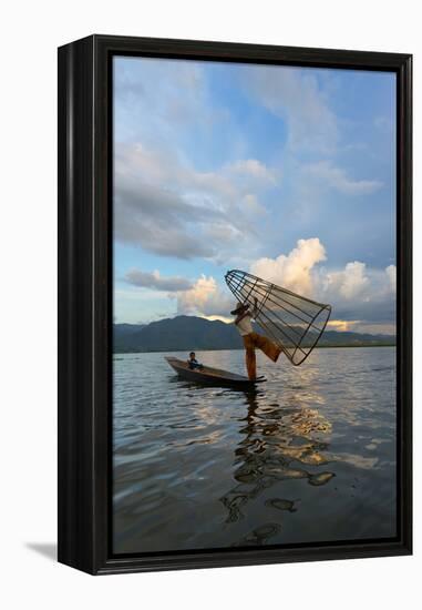 Intha Fisherman Rowing at Sunset on Inle Lake, Shan State, Myanmar-Keren Su-Framed Premier Image Canvas