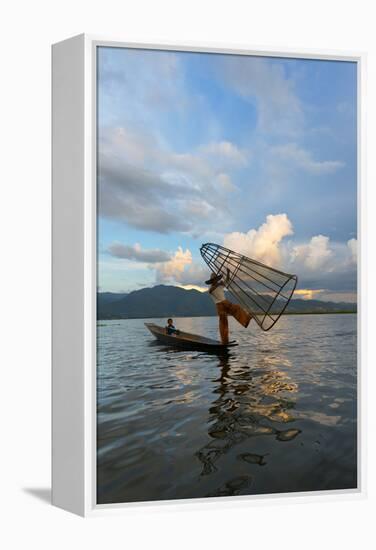 Intha Fisherman Rowing at Sunset on Inle Lake, Shan State, Myanmar-Keren Su-Framed Premier Image Canvas