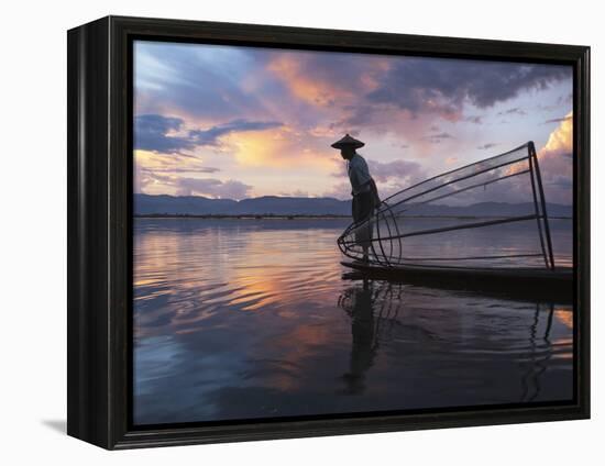 Intha Fisherman Rowing Boat with Fishing Net on Inle Lake, Myanmar, Asia-Keren Su-Framed Premier Image Canvas