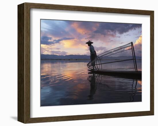 Intha Fisherman Rowing Boat with Fishing Net on Inle Lake, Myanmar, Asia-Keren Su-Framed Photographic Print