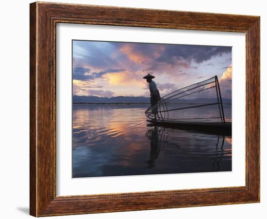 Intha Fisherman Rowing Boat with Fishing Net on Inle Lake, Myanmar, Asia-Keren Su-Framed Photographic Print