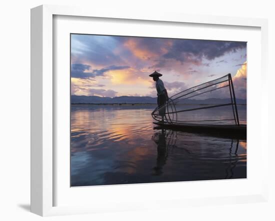 Intha Fisherman Rowing Boat with Fishing Net on Inle Lake, Myanmar, Asia-Keren Su-Framed Photographic Print