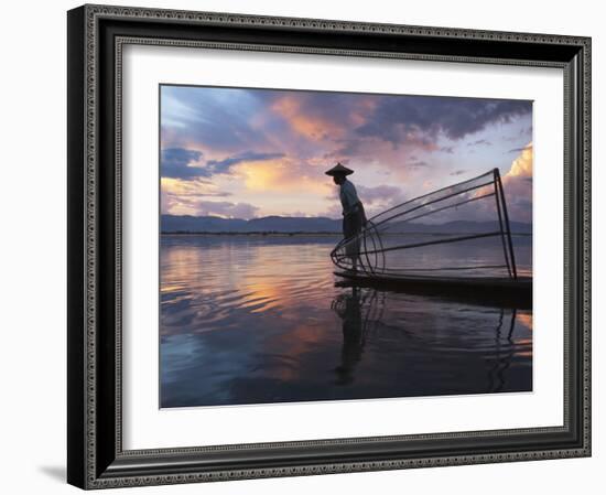 Intha Fisherman Rowing Boat with Fishing Net on Inle Lake, Myanmar, Asia-Keren Su-Framed Photographic Print