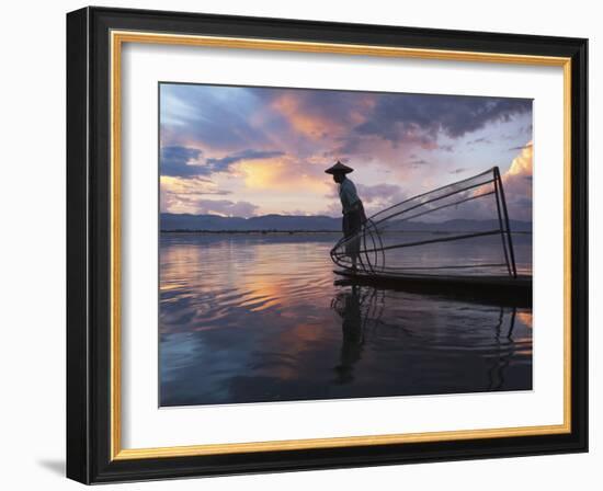 Intha Fisherman Rowing Boat with Fishing Net on Inle Lake, Myanmar, Asia-Keren Su-Framed Photographic Print