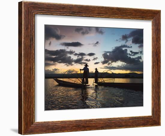 Intha fisherman rowing boat with leg at sunset on Inle Lake, Shan State, Myanmar-Keren Su-Framed Photographic Print