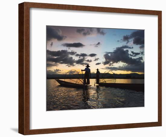 Intha fisherman rowing boat with leg at sunset on Inle Lake, Shan State, Myanmar-Keren Su-Framed Photographic Print