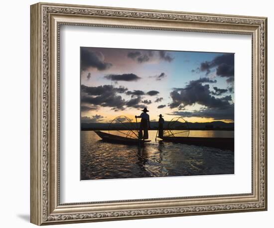 Intha fisherman rowing boat with leg at sunset on Inle Lake, Shan State, Myanmar-Keren Su-Framed Photographic Print