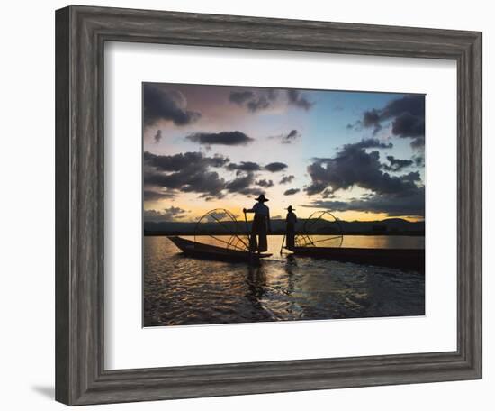 Intha fisherman rowing boat with leg at sunset on Inle Lake, Shan State, Myanmar-Keren Su-Framed Photographic Print