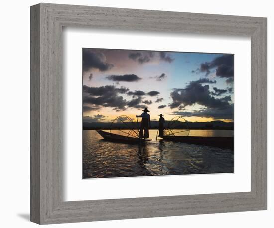 Intha fisherman rowing boat with leg at sunset on Inle Lake, Shan State, Myanmar-Keren Su-Framed Photographic Print