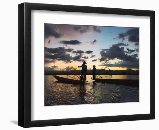 Intha fisherman rowing boat with leg at sunset on Inle Lake, Shan State, Myanmar-Keren Su-Framed Photographic Print