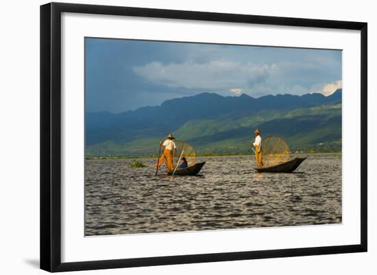 Intha Fisherman Rowing Boat with Leg on Inle Lake, Shan State, Myanmar-Keren Su-Framed Photographic Print