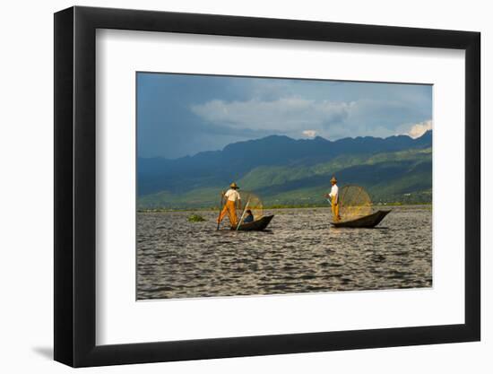 Intha Fisherman Rowing Boat with Leg on Inle Lake, Shan State, Myanmar-Keren Su-Framed Photographic Print