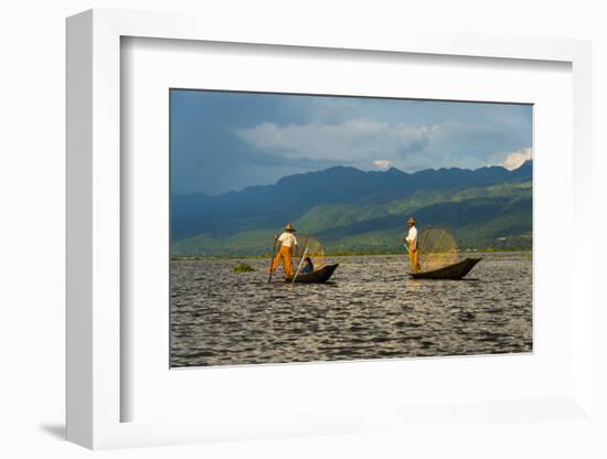Intha Fisherman Rowing Boat with Leg on Inle Lake, Shan State, Myanmar-Keren Su-Framed Photographic Print