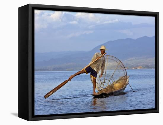 Intha Fisherman with a Traditional Fish Trap, Using Leg-Rowing Technique, Lake Inle, Myanmar-Nigel Pavitt-Framed Premier Image Canvas