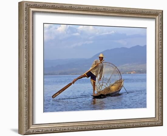 Intha Fisherman with a Traditional Fish Trap, Using Leg-Rowing Technique, Lake Inle, Myanmar-Nigel Pavitt-Framed Photographic Print