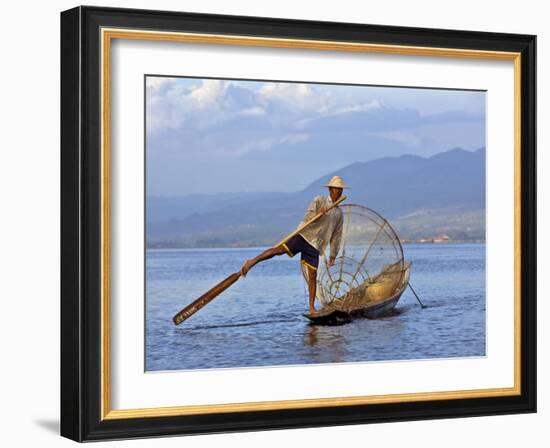 Intha Fisherman with a Traditional Fish Trap, Using Leg-Rowing Technique, Lake Inle, Myanmar-Nigel Pavitt-Framed Photographic Print