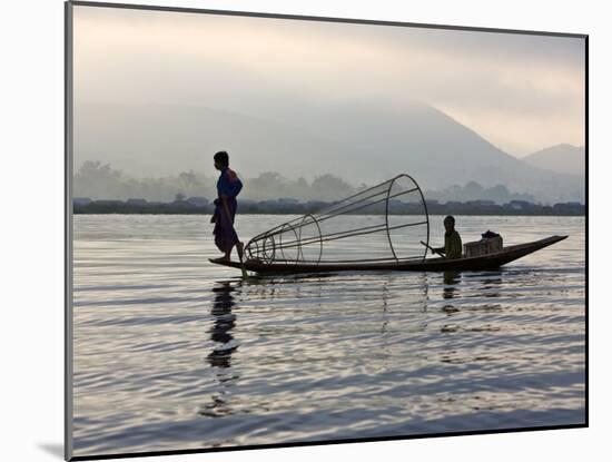 Intha Fisherman with Traditional Fish Trap, Unusual Leg-Rowing Technique, Lake Inle, Myanmar-Nigel Pavitt-Mounted Photographic Print