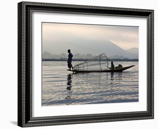 Intha Fisherman with Traditional Fish Trap, Unusual Leg-Rowing Technique, Lake Inle, Myanmar-Nigel Pavitt-Framed Photographic Print