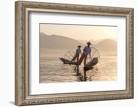 Intha 'Leg Rowing' Fishermen at Sunset on Inle Lake-Lee Frost-Framed Photographic Print