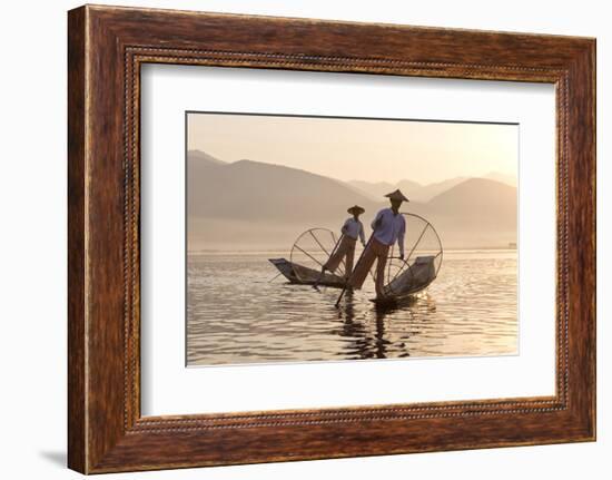 Intha 'Leg Rowing' Fishermen at Sunset on Inle Lake-Lee Frost-Framed Photographic Print