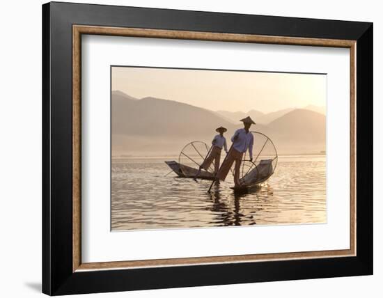 Intha 'Leg Rowing' Fishermen at Sunset on Inle Lake-Lee Frost-Framed Photographic Print