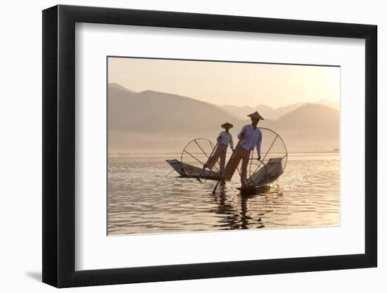 Intha 'Leg Rowing' Fishermen at Sunset on Inle Lake-Lee Frost-Framed Photographic Print