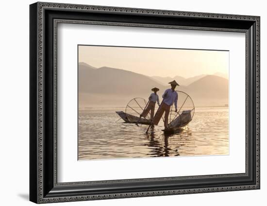 Intha 'Leg Rowing' Fishermen at Sunset on Inle Lake-Lee Frost-Framed Photographic Print