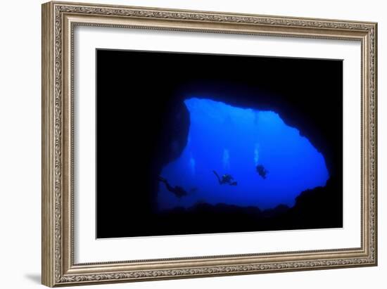 Into Darkness: Underwater Cave Scuba Diving Silhouettes-Rich Carey-Framed Photographic Print