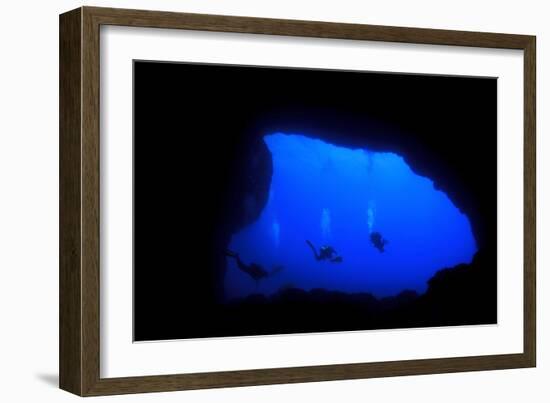 Into Darkness: Underwater Cave Scuba Diving Silhouettes-Rich Carey-Framed Photographic Print