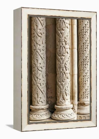 Intricately Carved Stone Pillars at the Main Portal Entrance to the Old Cathedral Se Velha Coimbra-Julian Castle-Framed Stretched Canvas