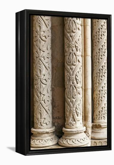 Intricately Carved Stone Pillars at the Main Portal Entrance to the Old Cathedral Se Velha Coimbra-Julian Castle-Framed Stretched Canvas