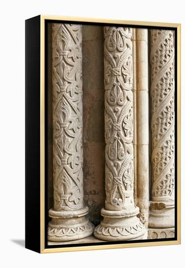 Intricately Carved Stone Pillars at the Main Portal Entrance to the Old Cathedral Se Velha Coimbra-Julian Castle-Framed Stretched Canvas