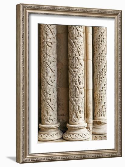 Intricately Carved Stone Pillars at the Main Portal Entrance to the Old Cathedral Se Velha Coimbra-Julian Castle-Framed Photo