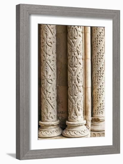 Intricately Carved Stone Pillars at the Main Portal Entrance to the Old Cathedral Se Velha Coimbra-Julian Castle-Framed Photo