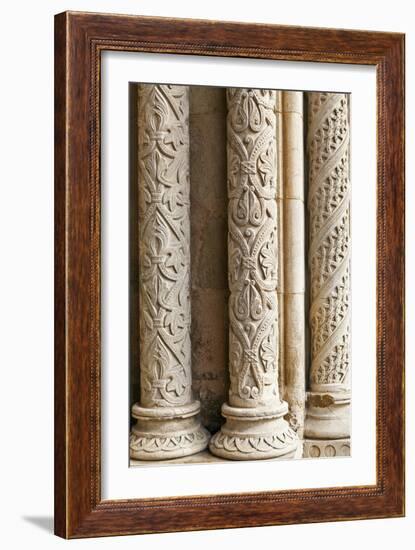 Intricately Carved Stone Pillars at the Main Portal Entrance to the Old Cathedral Se Velha Coimbra-Julian Castle-Framed Photo