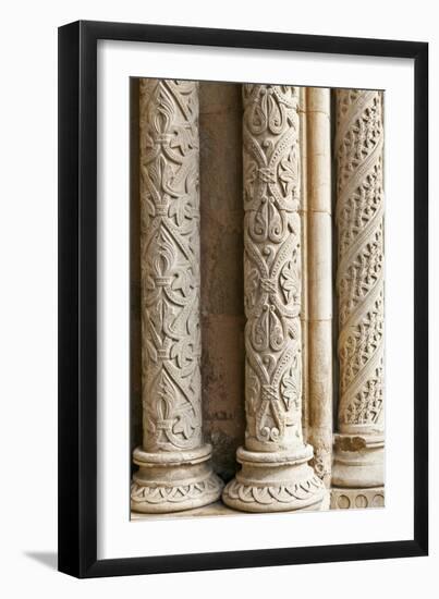 Intricately Carved Stone Pillars at the Main Portal Entrance to the Old Cathedral Se Velha Coimbra-Julian Castle-Framed Photo