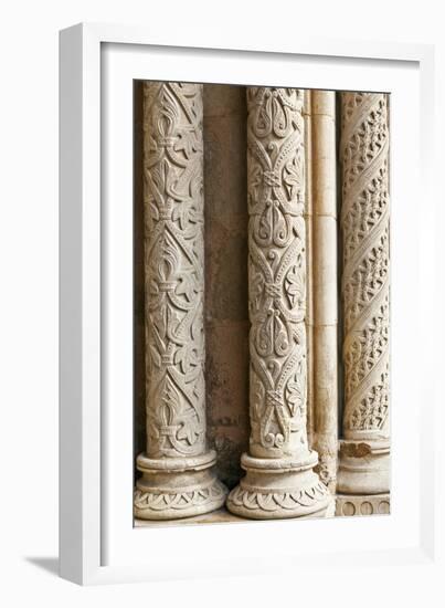 Intricately Carved Stone Pillars at the Main Portal Entrance to the Old Cathedral Se Velha Coimbra-Julian Castle-Framed Photo