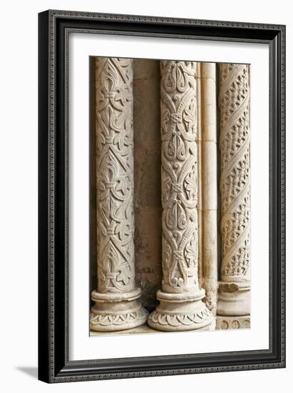 Intricately Carved Stone Pillars at the Main Portal Entrance to the Old Cathedral Se Velha Coimbra-Julian Castle-Framed Photo