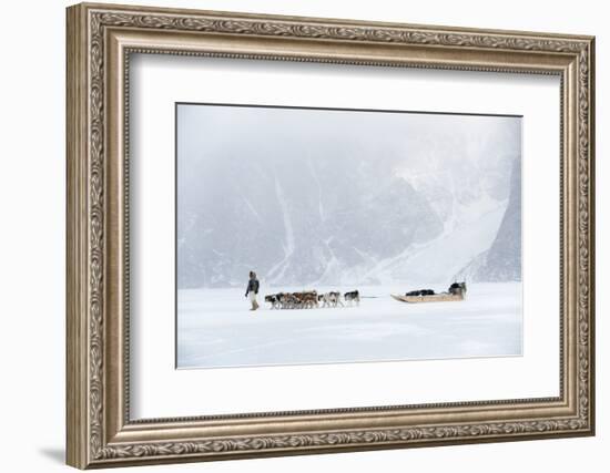 Inuit Hunter Walking His Dog Team on the Sea Ice in a Snow Storm, Greenland, Denmark, Polar Regions-Louise Murray-Framed Photographic Print